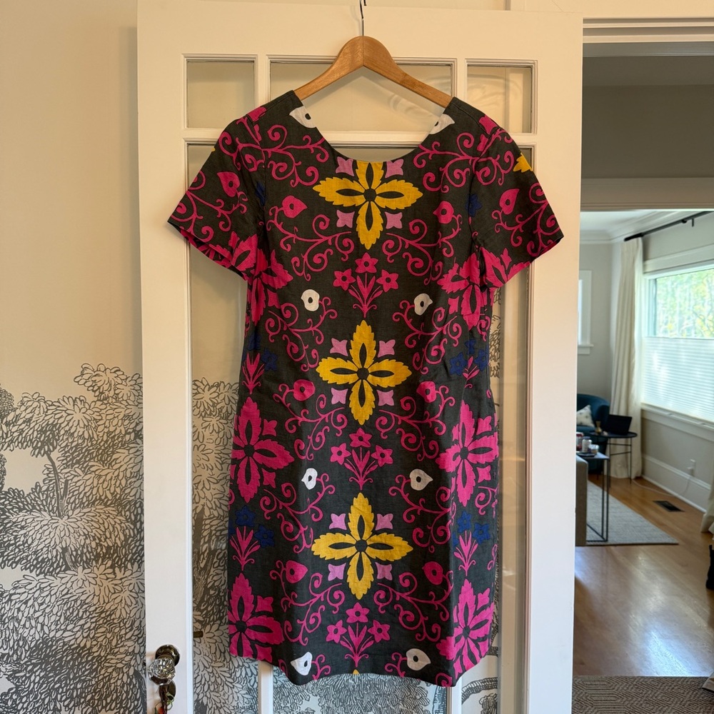 Boden Linen Floral Patterned Dress - Pink, Yellow, and Gray Size 14 US
